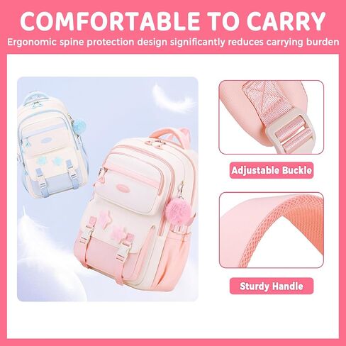Cute Backpack for Girls, Kawaii Large Capacity Bookbags for Teens Kids Preppy Aesthetic Book Bag for Elementary Middle High School with Star Pins and Furry Pendant 4+ Years Old (Pink) in Kuwait