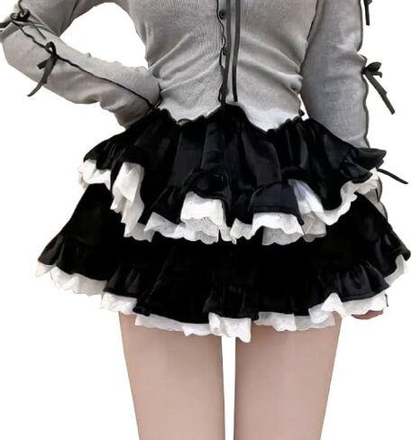 تنورة صغيرة متدرجة من HAIRUO Lolita، تنانير نسائية باللون الأسود والأبيض، تنانير كاواي صغيرة لطيفة ذات طبقات مكشكشة للنساء/الفتيات المراهقات in Saudi Arabia