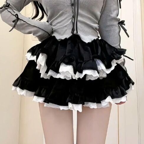 تنورة صغيرة متدرجة من HAIRUO Lolita، تنانير نسائية باللون الأسود والأبيض، تنانير كاواي صغيرة لطيفة ذات طبقات مكشكشة للنساء/الفتيات المراهقات in Saudi Arabia