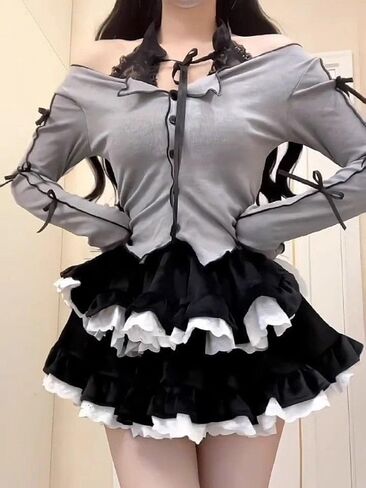 تنورة صغيرة متدرجة من HAIRUO Lolita، تنانير نسائية باللون الأسود والأبيض، تنانير كاواي صغيرة لطيفة ذات طبقات مكشكشة للنساء/الفتيات المراهقات in Saudi Arabia