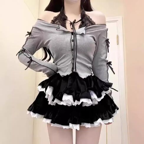 تنورة صغيرة متدرجة من HAIRUO Lolita، تنانير نسائية باللون الأسود والأبيض، تنانير كاواي صغيرة لطيفة ذات طبقات مكشكشة للنساء/الفتيات المراهقات in Saudi Arabia