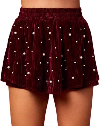 Women’s Velvet Short Skirt Holiday Elastic High Waist Pearl Studded Skort with Shorts Christmas Party in Kuwait