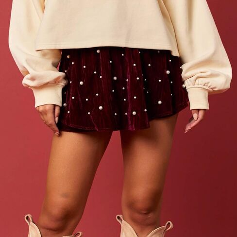 Women’s Velvet Short Skirt Holiday Elastic High Waist Pearl Studded Skort with Shorts Christmas Party in Kuwait