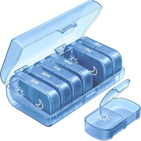 منظم حبوب الدواء الأسبوعي من AUVON XL مرتين في اليوم، صندوق حبوب منع الحمل صباحًا ومساءً 7 أيام مع تصميم فتحة كبيرة من جانب واحد لسهولة التعبئة، حقيبة حبوب سفر محمولة للأدوية والفيتامينات وزيوت السمك والمكملات الغذائية in Kuwait