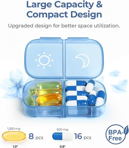 منظم حبوب الدواء الأسبوعي من AUVON XL مرتين في اليوم، صندوق حبوب منع الحمل صباحًا ومساءً 7 أيام مع تصميم فتحة كبيرة من جانب واحد لسهولة التعبئة، حقيبة حبوب سفر محمولة للأدوية والفيتامينات وزيوت السمك والمكملات الغذائية in Kuwait