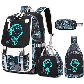 حقيبة ظهر بيفالسا للأولاد، حقيبة ظهر رائعة للأولاد المضيئة مع حقيبة حبال، صندوق غداء وحقيبة أقلام، حقائب مدرسية للأطفال والمراهقين والمدارس المتوسطة الابتدائية، حقيبة كتب تتوهج في الظلام (البرق) in Kuwait