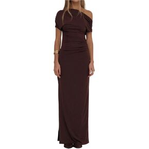 GORGLITTER Women's Asymmetrical Neck Ruched Bodycon Maxi Dress One Shoulder Short Sleeve Dinner Cocktail Long Dresses in Saudi Arabia