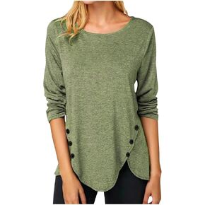 Womens Tops Round Neck Button Side Tunic Blouses Casual Long Sleeve Shirts Fall Fashion Pullover Top Y2k Sweater in Kuwait