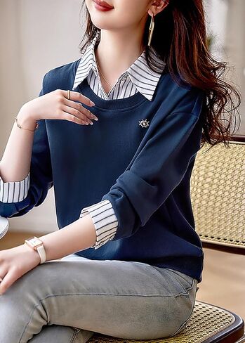 LAI MENG FIVE CATS Women's Casual Blouses Long Sleeve Elegant Shirt Patchwork Stripe Blouse Top in Saudi Arabia