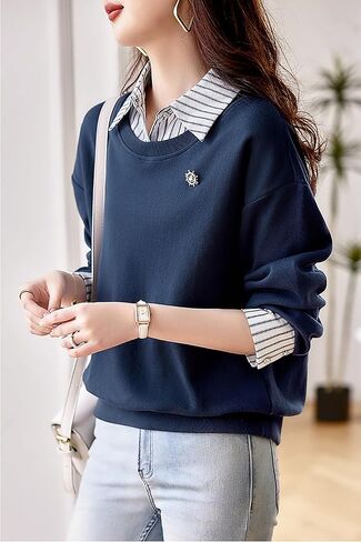 LAI MENG FIVE CATS Women's Casual Blouses Long Sleeve Elegant Shirt Patchwork Stripe Blouse Top in Saudi Arabia