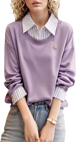 LAI MENG FIVE CATS Women's Casual Blouses Long Sleeve Elegant Shirt Patchwork Stripe Blouse Top in Saudi Arabia