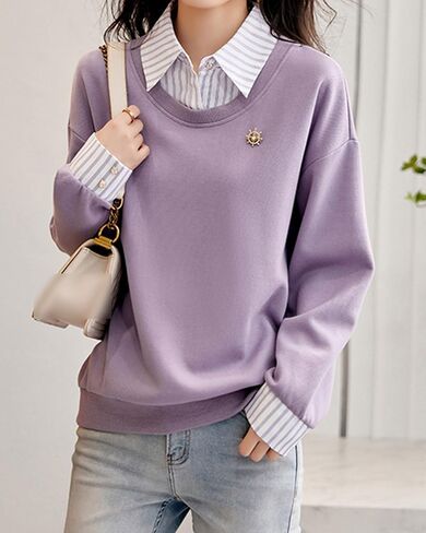 LAI MENG FIVE CATS Women's Casual Blouses Long Sleeve Elegant Shirt Patchwork Stripe Blouse Top in Saudi Arabia