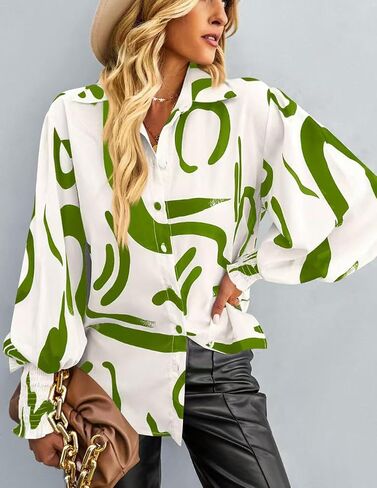 Long Sleeve Button Down Shirts for Women Dressy Casual Blouses Oversized Floral Tops with Lantern Sleeve in Saudi Arabia