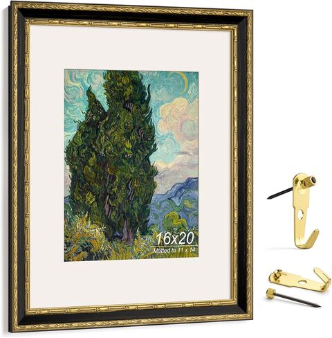 Yaetm 16x20 Vintage Picture Frame, Ornate Antique Gold 16x20 Frame for Wall, White Mat for 11x14 Photos, 1.5-inch Wide Molding - Portrait or Landscape - Wall Mount for Home (Black/Gold, 2 Pack) in Saudi Arabia