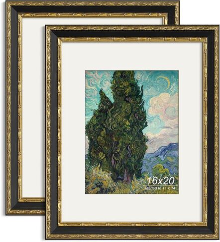 Yaetm 16x20 Vintage Picture Frame, Ornate Antique Gold 16x20 Frame for Wall, White Mat for 11x14 Photos, 1.5-inch Wide Molding - Portrait or Landscape - Wall Mount for Home (Black/Gold, 2 Pack) in Saudi Arabia