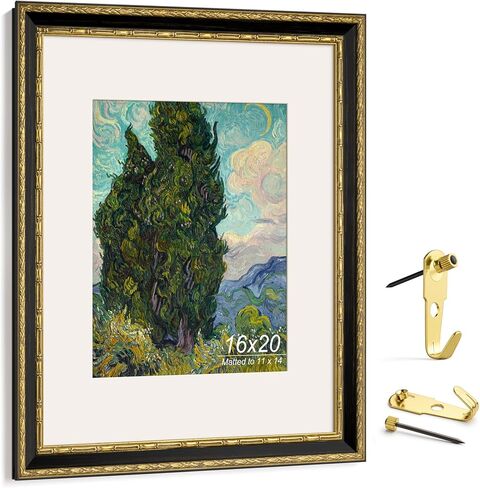 إطار صورة عتيق مقاس 16 × 20 من Yaetm، إطار ذهبي عتيق مزخرف مقاس 16 × 20 للجدار، حصيرة بيضاء للصور مقاس 11 × 14، قالب بعرض 1.5 بوصة - صورة أو منظر طبيعي - حامل على الحائط للمنزل (أسود/ذهبي، عبوتان) in Kuwait