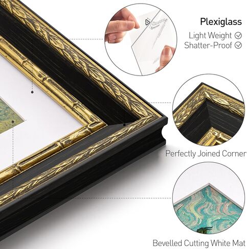 إطار صورة عتيق مقاس 16 × 20 من Yaetm، إطار ذهبي عتيق مزخرف مقاس 16 × 20 للجدار، حصيرة بيضاء للصور مقاس 11 × 14، قالب بعرض 1.5 بوصة - صورة أو منظر طبيعي - حامل على الحائط للمنزل (أسود/ذهبي، عبوتان) in Kuwait