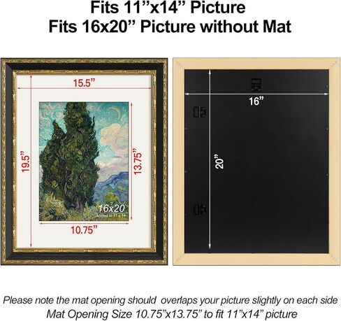 Yaetm 16x20 Vintage Picture Frame, Ornate Antique Gold 16x20 Frame for Wall, White Mat for 11x14 Photos, 1.5-inch Wide Molding - Portrait or Landscape - Wall Mount for Home (Black/Gold, 2 Pack) in Saudi Arabia