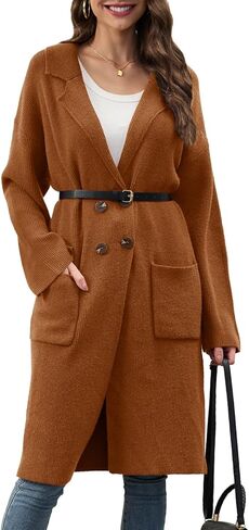 سترة صوفية نسائية طويلة للخريف من Alaster Queen سترة مفتوحة من الأمام ومزدوجة الصدر سترة أنيقة مع جيوب in Kuwait