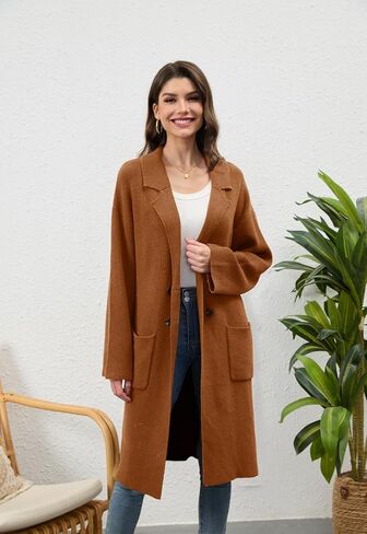 سترة صوفية نسائية طويلة للخريف من Alaster Queen سترة مفتوحة من الأمام ومزدوجة الصدر سترة أنيقة مع جيوب in Kuwait