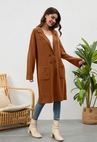 سترة صوفية نسائية طويلة للخريف من Alaster Queen سترة مفتوحة من الأمام ومزدوجة الصدر سترة أنيقة مع جيوب in Kuwait