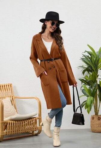 سترة صوفية نسائية طويلة للخريف من Alaster Queen سترة مفتوحة من الأمام ومزدوجة الصدر سترة أنيقة مع جيوب in Kuwait