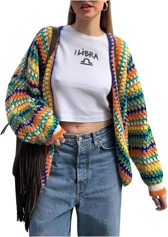GORGLITTER Women's Open Front Rainbow Striped Cardigan Sweater Oversized Colorful Hollow Out Long Sleeve Knit Tops in Saudi Arabia