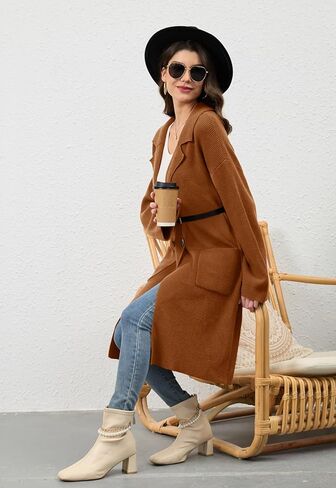 سترة صوفية نسائية طويلة للخريف من Alaster Queen سترة مفتوحة من الأمام ومزدوجة الصدر سترة أنيقة مع جيوب in Kuwait