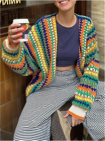 GORGLITTER Women's Open Front Rainbow Striped Cardigan Sweater Oversized Colorful Hollow Out Long Sleeve Knit Tops in Saudi Arabia