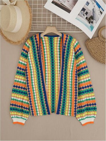 GORGLITTER Women's Open Front Rainbow Striped Cardigan Sweater Oversized Colorful Hollow Out Long Sleeve Knit Tops in Saudi Arabia