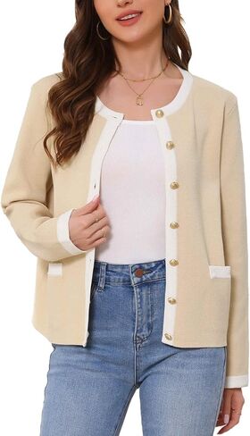 Allegra K Casual Cardigan for Women's Contrast Lightweight Long Sleeve Crew Neck Knit Sweater Jacket in Saudi Arabia