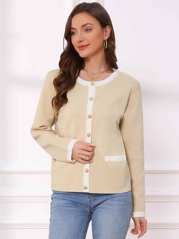 Allegra K Casual Cardigan for Women's Contrast Lightweight Long Sleeve Crew Neck Knit Sweater Jacket in Saudi Arabia