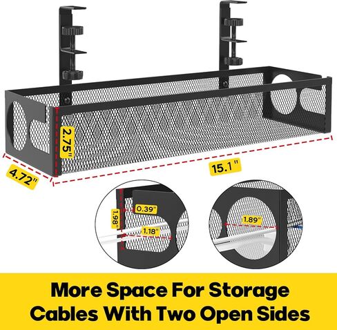 Under Desk Cable Management Tray No Drill 15.4’’, Metal Mesh Cable Management Box with Hybrid Side Slots & Reinforced Basket,Adjustable Cable Tray with Wire Management for Office Home,1 Pack (Black) in Kuwait