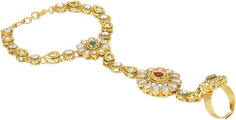 Efulgenz Indian Hand Chain Finger Ring Bracelet Indian Kundan Finger Ring Link Chain Wedding Bridal Bracelet Hand Harness Slave Bollywood Jewelry in Saudi Arabia