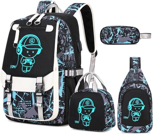 حقيبة ظهر بيفالسا للأولاد، حقيبة ظهر رائعة للأولاد المضيئة مع حقيبة حبال، صندوق غداء وحقيبة أقلام، حقائب مدرسية للأطفال والمراهقين والمدارس المتوسطة الابتدائية، حقيبة كتب تتوهج في الظلام (البرق) in Kuwait