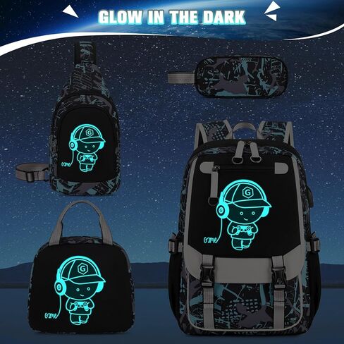 حقيبة ظهر بيفالسا للأولاد، حقيبة ظهر رائعة للأولاد المضيئة مع حقيبة حبال، صندوق غداء وحقيبة أقلام، حقائب مدرسية للأطفال والمراهقين والمدارس المتوسطة الابتدائية، حقيبة كتب تتوهج في الظلام (البرق) in Kuwait