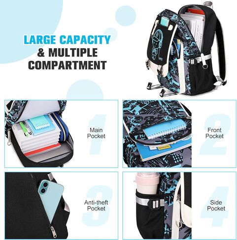 حقيبة ظهر بيفالسا للأولاد، حقيبة ظهر رائعة للأولاد المضيئة مع حقيبة حبال، صندوق غداء وحقيبة أقلام، حقائب مدرسية للأطفال والمراهقين والمدارس المتوسطة الابتدائية، حقيبة كتب تتوهج في الظلام (البرق) in Kuwait