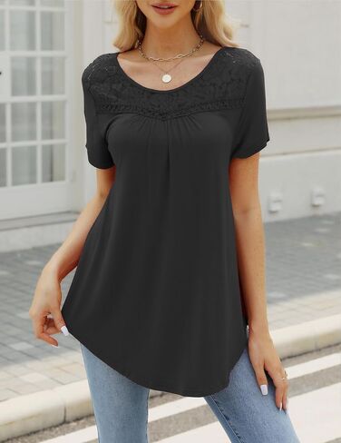 Women's Plus Size Summer Tops Short Sleeve Lace Pleated Blouses Tunic Tops in Saudi Arabia