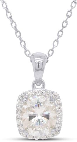 سافيرث دايموندز 1 1/2 قيراط. t.w Center 7X8MM وسادة قطع مختبر تم إنشاؤها من مويسانيتي الماس هالة قلادة من الذهب عيار 14 قيراط على الفضة الاسترليني، سلسلة 18 بوصة (VVS1 وضوح، 1.50 قيراط) in Saudi Arabia
