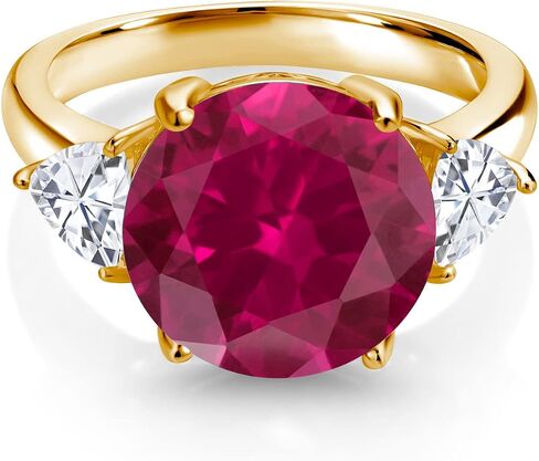 خاتم Gem Stone King مطلي بالذهب الأصفر عيار 18 قيراط والفضة والأحمر والياقوت والمويسانتي الأبيض للنساء (7.94 قيراط، مستدير 12 مم، تريليون 5 مم، متوفر بمقاس 5، 6، 7، 8، 9) in Saudi Arabia