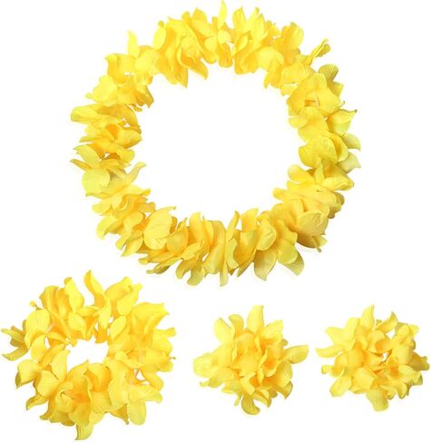 Hawaiian Leis Headband Wristbands Hawaii Tropical Luau Flower Women Necklace Headpiece Hair Bands Hairband Bracelets Beach Summer Pool Wedding Cosplay Birthday Dress Up Party Supplies Yellow in Kuwait