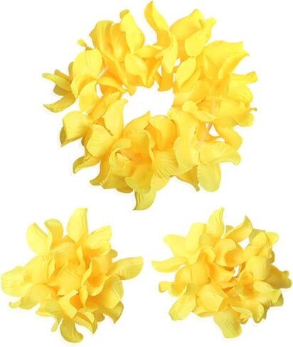 Hawaiian Leis Headband Wristbands Hawaii Tropical Luau Flower Women Necklace Headpiece Hair Bands Hairband Bracelets Beach Summer Pool Wedding Cosplay Birthday Dress Up Party Supplies Yellow in Kuwait