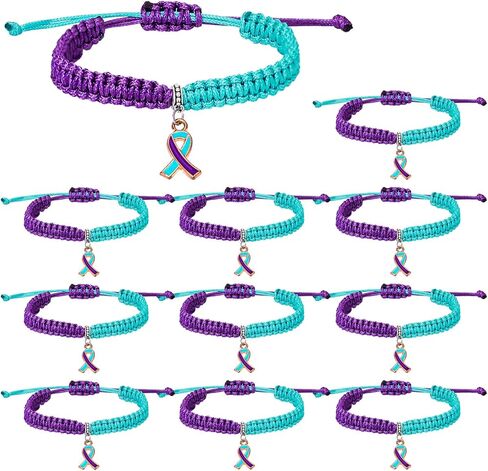 MOSOTECH 10 Pcs Suicide Prevention Awareness Bracelets with Independent Package of Each Piece, Adjustable Cord Purple Teal Ribbon Braided Bracelets for Women Men, Charity Public Activity Supplies Gift in Saudi Arabia