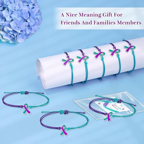 MOSOTECH 10 Pcs Suicide Prevention Awareness Bracelets with Independent Package of Each Piece, Adjustable Cord Purple Teal Ribbon Braided Bracelets for Women Men, Charity Public Activity Supplies Gift in Saudi Arabia
