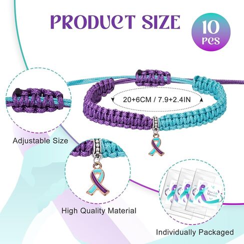 MOSOTECH 10 Pcs Suicide Prevention Awareness Bracelets with Independent Package of Each Piece, Adjustable Cord Purple Teal Ribbon Braided Bracelets for Women Men, Charity Public Activity Supplies Gift in Saudi Arabia