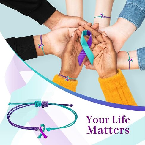 MOSOTECH 10 Pcs Suicide Prevention Awareness Bracelets with Independent Package of Each Piece, Adjustable Cord Purple Teal Ribbon Braided Bracelets for Women Men, Charity Public Activity Supplies Gift in Saudi Arabia