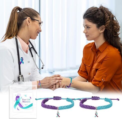 MOSOTECH 10 Pcs Suicide Prevention Awareness Bracelets with Independent Package of Each Piece, Adjustable Cord Purple Teal Ribbon Braided Bracelets for Women Men, Charity Public Activity Supplies Gift in Saudi Arabia