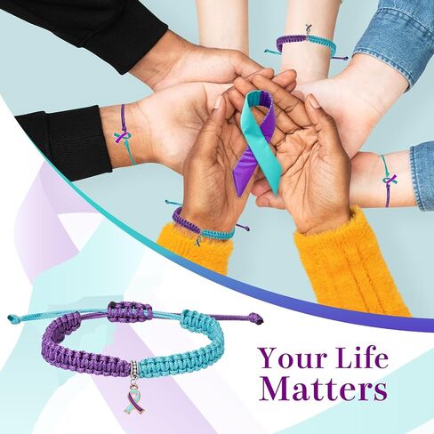 MOSOTECH 10 Pcs Suicide Prevention Awareness Bracelets with Independent Package of Each Piece, Adjustable Cord Purple Teal Ribbon Braided Bracelets for Women Men, Charity Public Activity Supplies Gift in Saudi Arabia