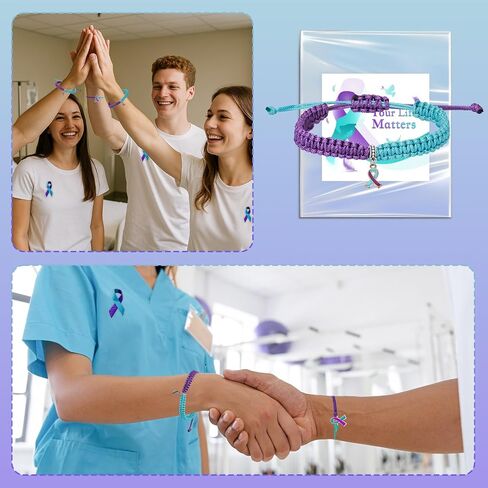 MOSOTECH 10 Pcs Suicide Prevention Awareness Bracelets with Independent Package of Each Piece, Adjustable Cord Purple Teal Ribbon Braided Bracelets for Women Men, Charity Public Activity Supplies Gift in Saudi Arabia