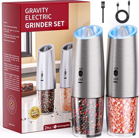 Rechargeable Gravity Electric Salt and Pepper Grinder Set with LED Light, Type-C Fast Charging, Adjustable Coarseness, Large Capacity Grinder for Kitchen, Restaurant & Outdoor, (2 Pack) in Saudi Arabia